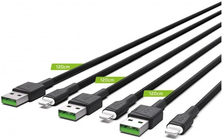 Kabel za hitro polnjenje Lightning, 3 x 1,2 m, črn — Green Cell Ray