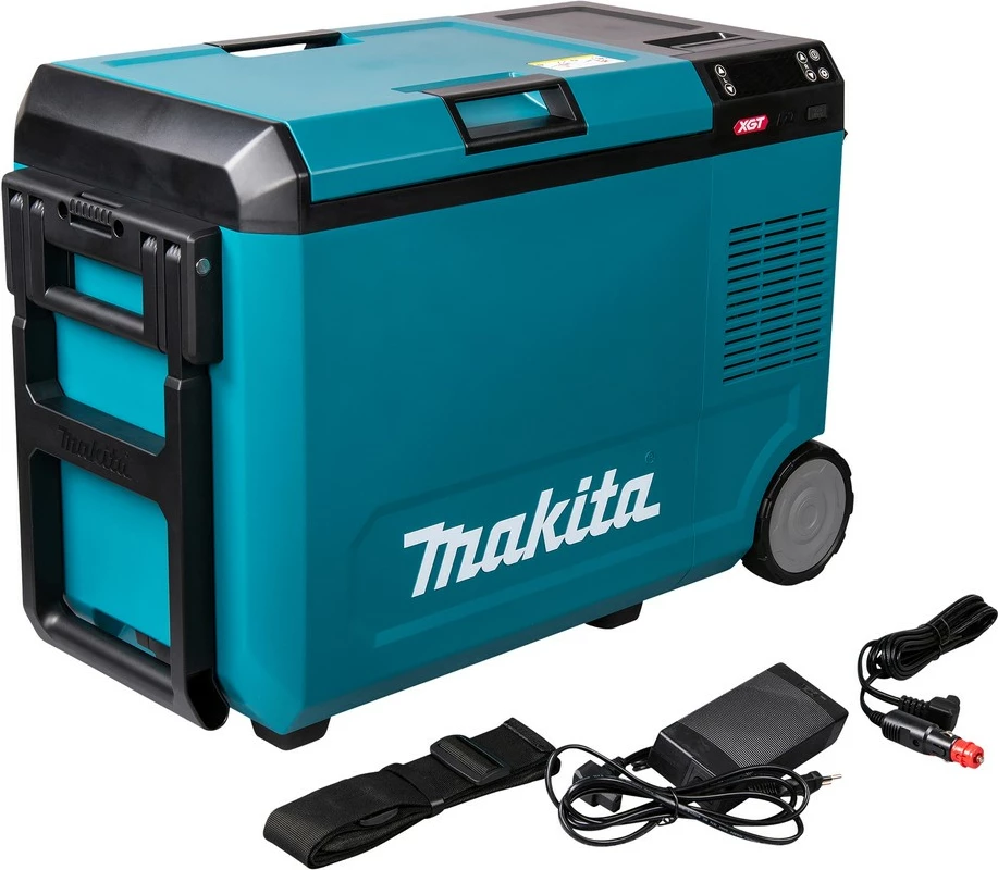 Prenosna termična škatla, hladilno-grelna, Makita CW004GZ 40V, LED zaslon, na kolesih, črno/modra