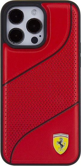 Ovitek Perforated Waves z metalnim logotipom Ferrari za iPhone 15 Pro, rdeč