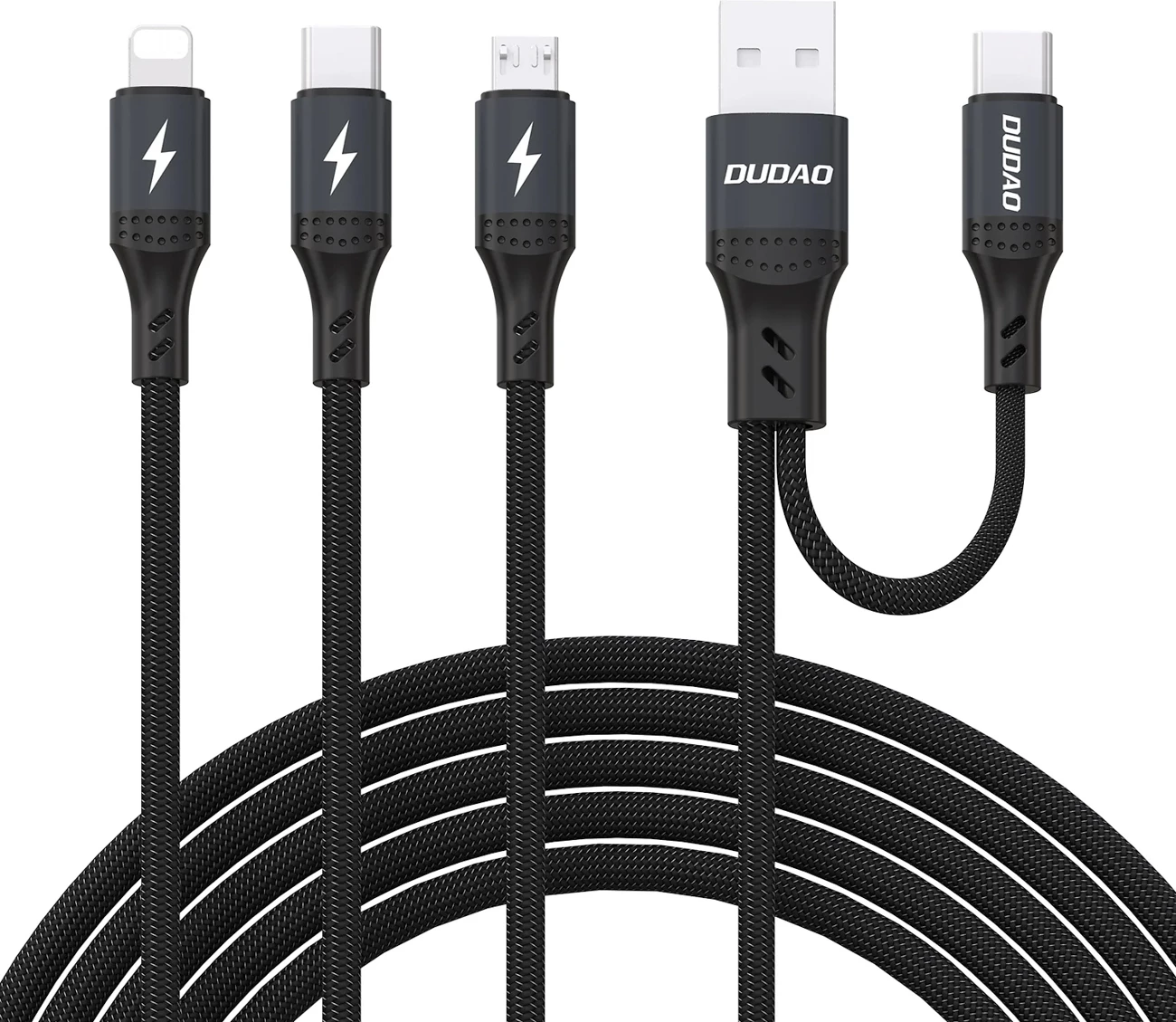 Kabel za polnjenje in prenos podatkov 3-v-1 Dudao L3W, 1,2 m, 66W, USB-A/USB-C na Lightning/USB-C/MicroUSB, črn