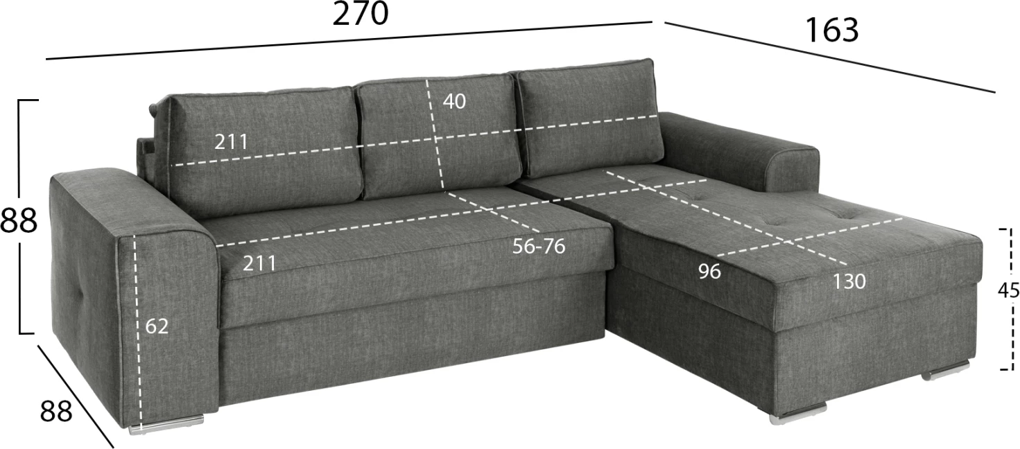 Desni kotni kavč NACHO FH3279.02R iz antracitne tkanine-srebrne kovinske noge 270x163x88Hcm