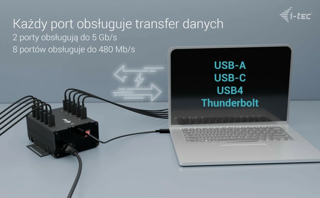 USB-C razdelilec i-tec CACHRGHUB10C, 10× USB-C, 15 W na vrata, kovinski
