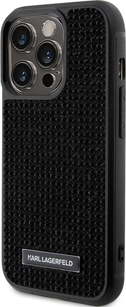 Zaščitni ovitek z bleščicami in kovinsko ploščico z logotipom Karl Lagerfeld za iPhone 15 Pro Max, črn