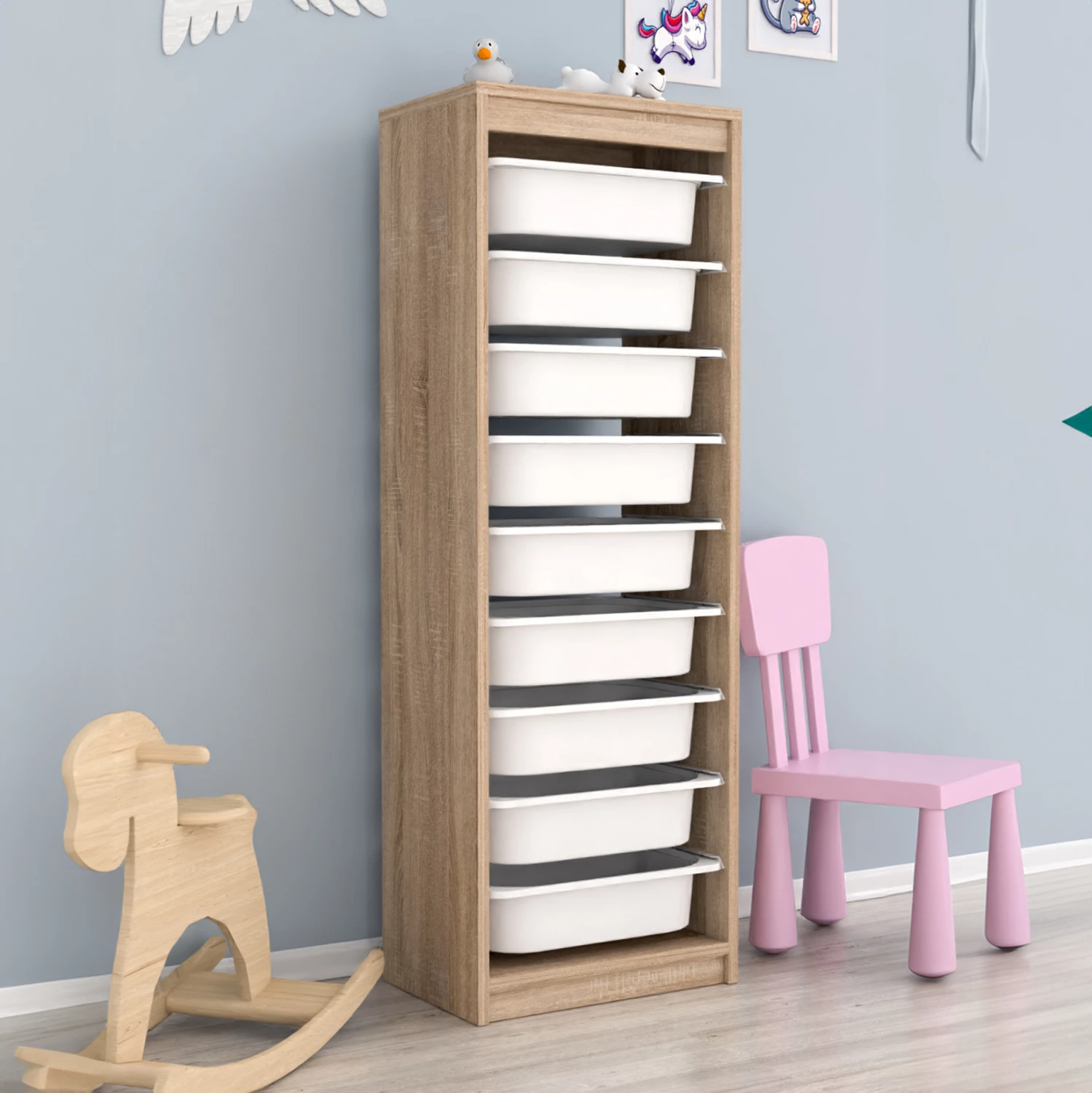 Visok predalnik SANI FH18203.03 iz melamina v barvi sonama z 9 belimi plastičnimi predali 45,5x29,6x125H cm