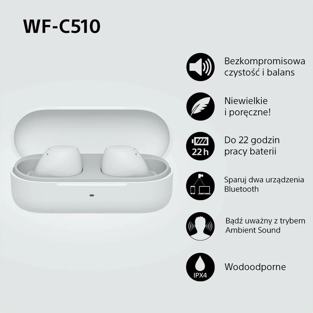 In-ear slušalke Sony WF-C510, Bluetooth 5.3, bele