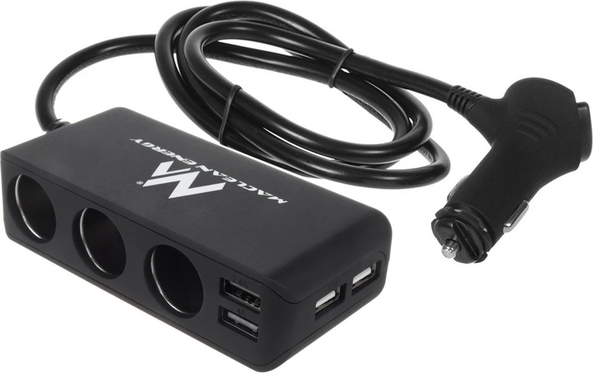 Razdelilec vtičnice vžigalnika Maclean MCE117, 3 izhodi, 2xUSB, voltmeter, črn