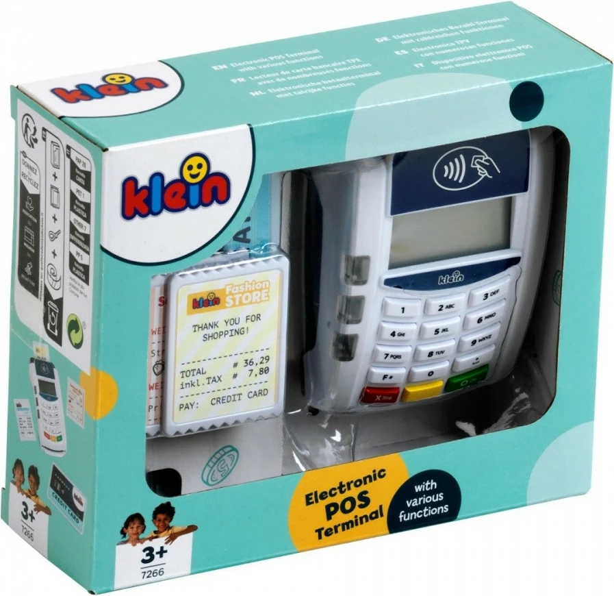 Igračni plačilni terminal Klein 7266, plastika, bel, z igričarsko kreditno kartico in računi