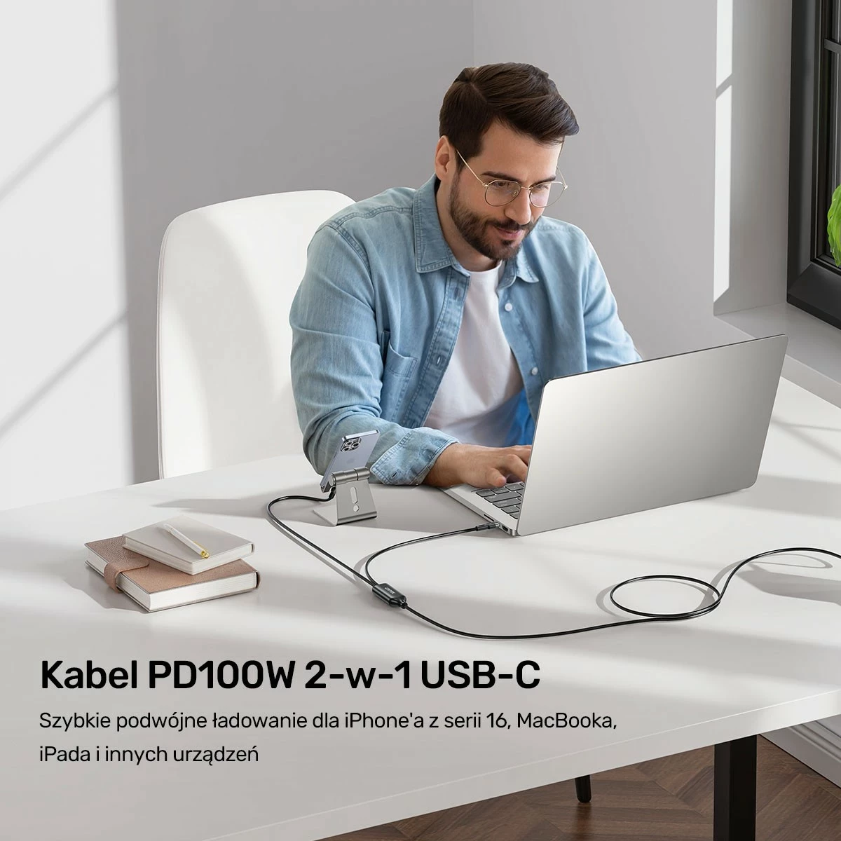 Kabel USB-C 2 v 1, PD 100 W, silikon, 1,8 m, črn Unitek
