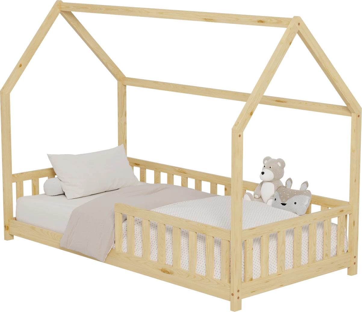 Postelja za otroke s ograjo PHYLLIS FH679.01 t.MONTESSORI iz masivnega borovega lesa v naravni barvi - 190x90cm