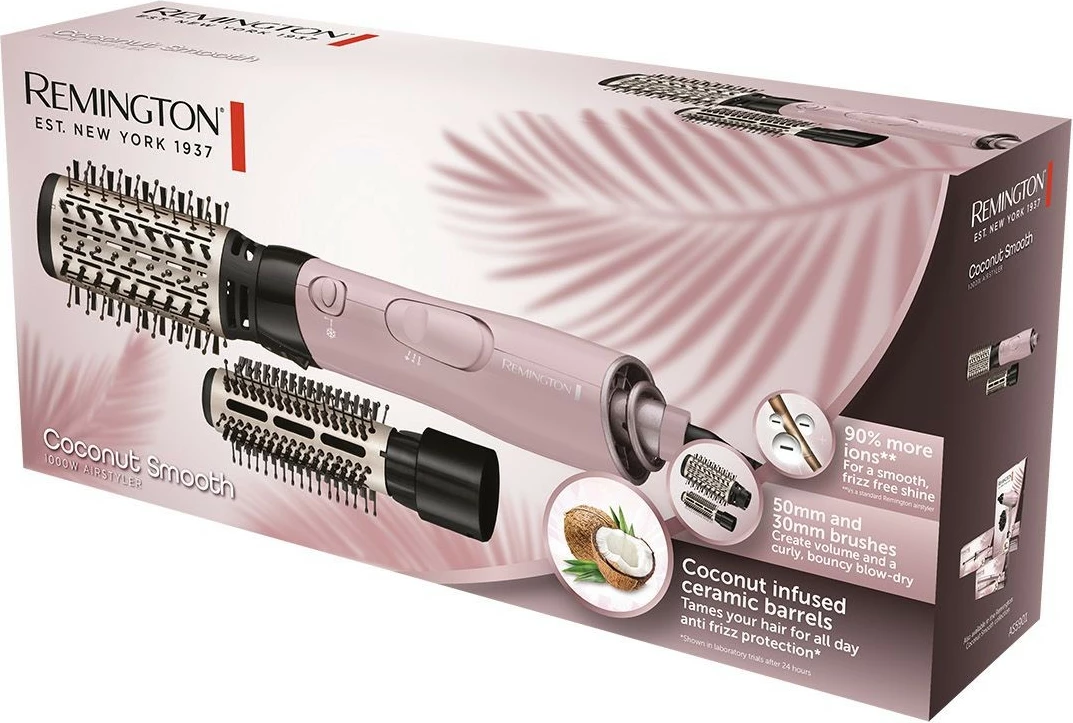 Sušilnik za lase in kodralnik Remington Coconut Smooth AS5901, 1000 W, roza, z 2 krtačama