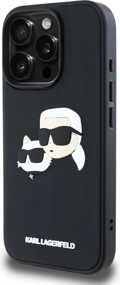 Ovitek z 3D motivom Karl Lagerfeld z dvojno glavo za iPhone 16 Pro Max, črn