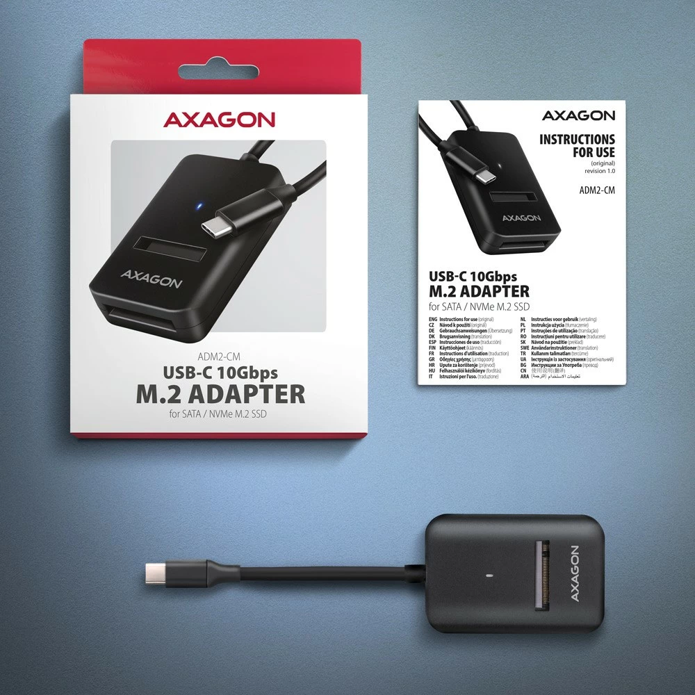 Računalniško ohišje za SSD M.2 NVMe/SATA, USB 3.2 Gen 2, 10 cm kabel, črno, AXAGON ADM2-CM Računalniško ohišje za SSD M.2 NVMe/SATA, USB 3.2 Gen 2, 10 cm kabel, črno, AXAGON ADM2-CM