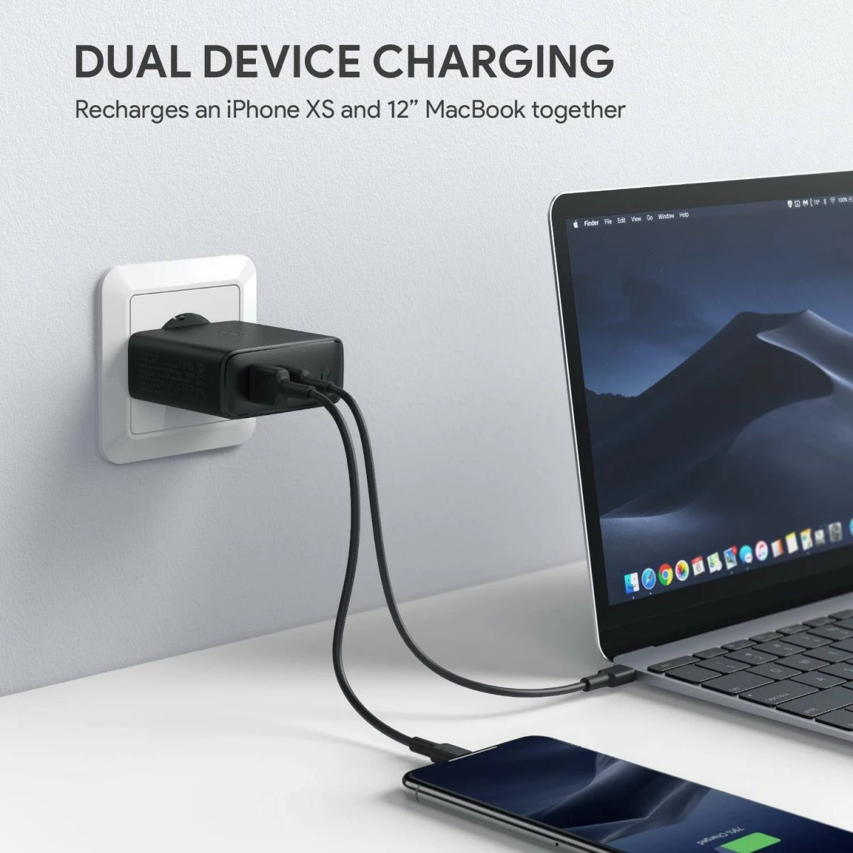 Stenski polnilec AUKEY PA-D3, 60 W, 2x USB (USB-C + USB 3.0), črn