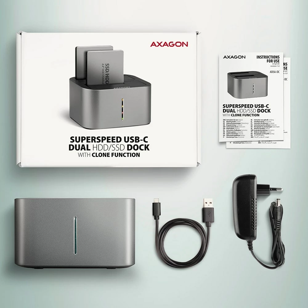 Doks za diske AXAGON ADSA-DC, USB 3.2 Gen 1, 2x SATA 6G, siv Doks za diske AXAGON ADSA-DC, USB 3.2 Gen 1, 2x SATA 6G, siv