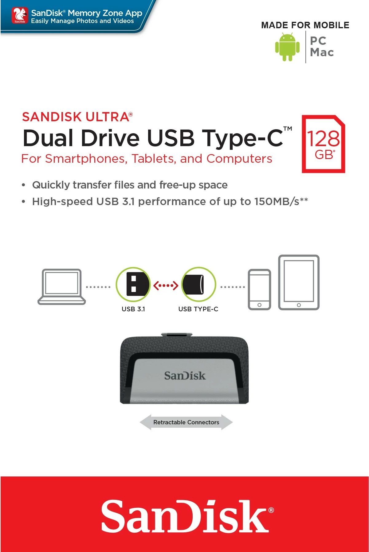 USB ključek SanDisk Ultra Dual Drive, 128 GB, USB Type-A/Type-C, črno/srebrn USB ključek SanDisk Ultra Dual Drive, 128 GB, USB Type-A/Type-C, črno/srebrn