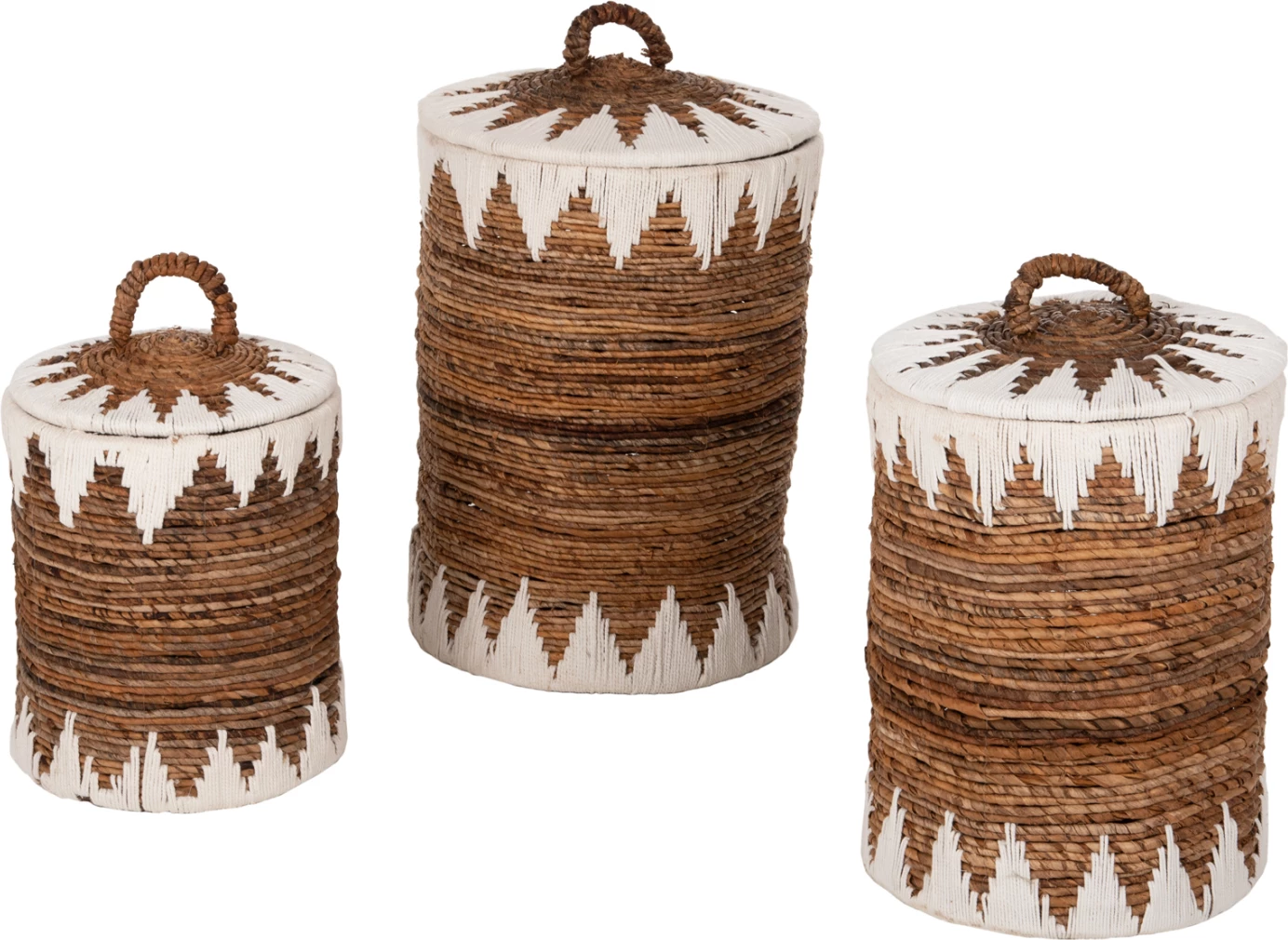Okrogli košari s pokrovom 3 kosi FH4306 iz rogoza v naravni-beli barvi Φ42x63Hcm