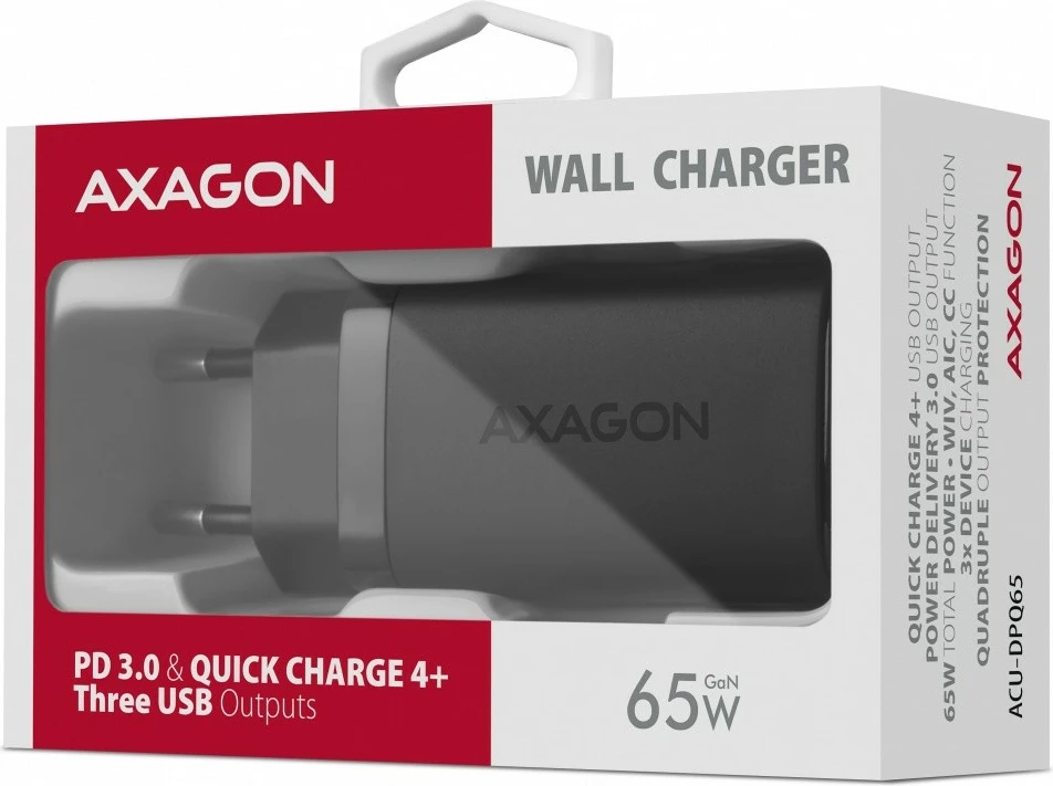 GaN polnilec AXAGON ACU-DPQ65, 65W, 3 vhodi (USB-A + 2× USB-C), črn GaN polnilec AXAGON ACU-DPQ65, 65W, 3 vhodi (USB-A + 2× USB-C), črn