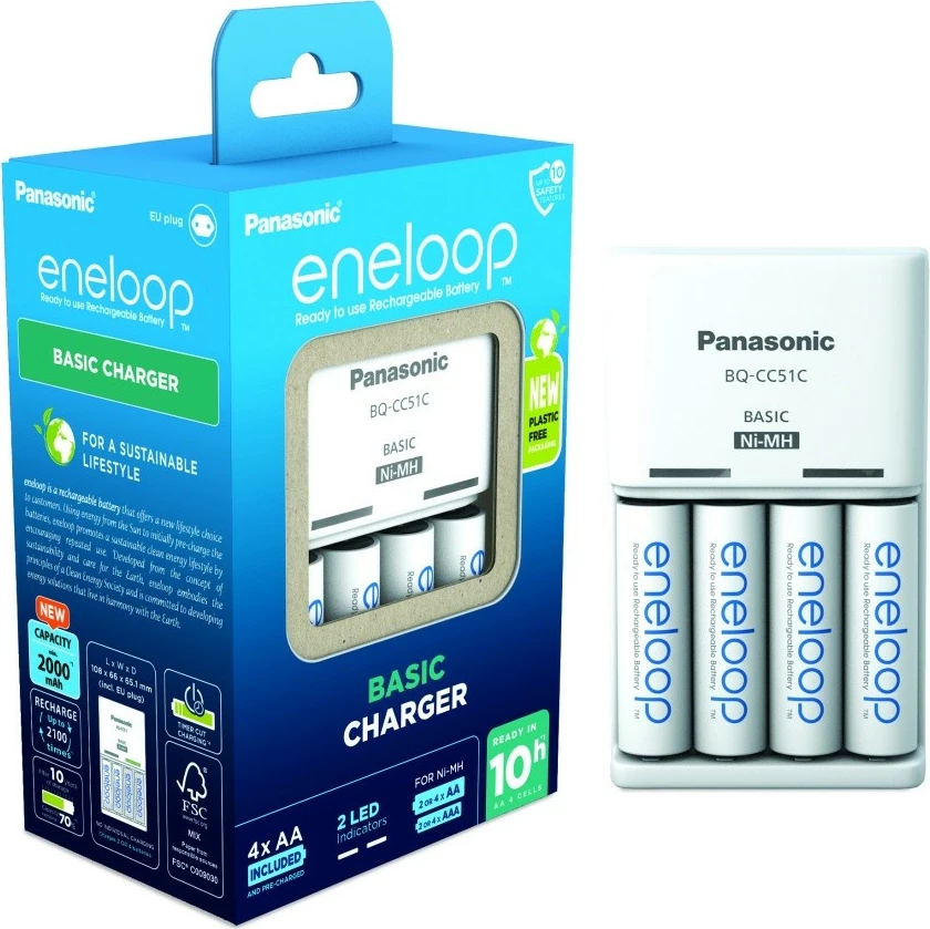 Osnovni polnilni komplet z 4 polnilnimi baterijami AA 2000 mAh, Panasonic Eneloop BQ-CC51