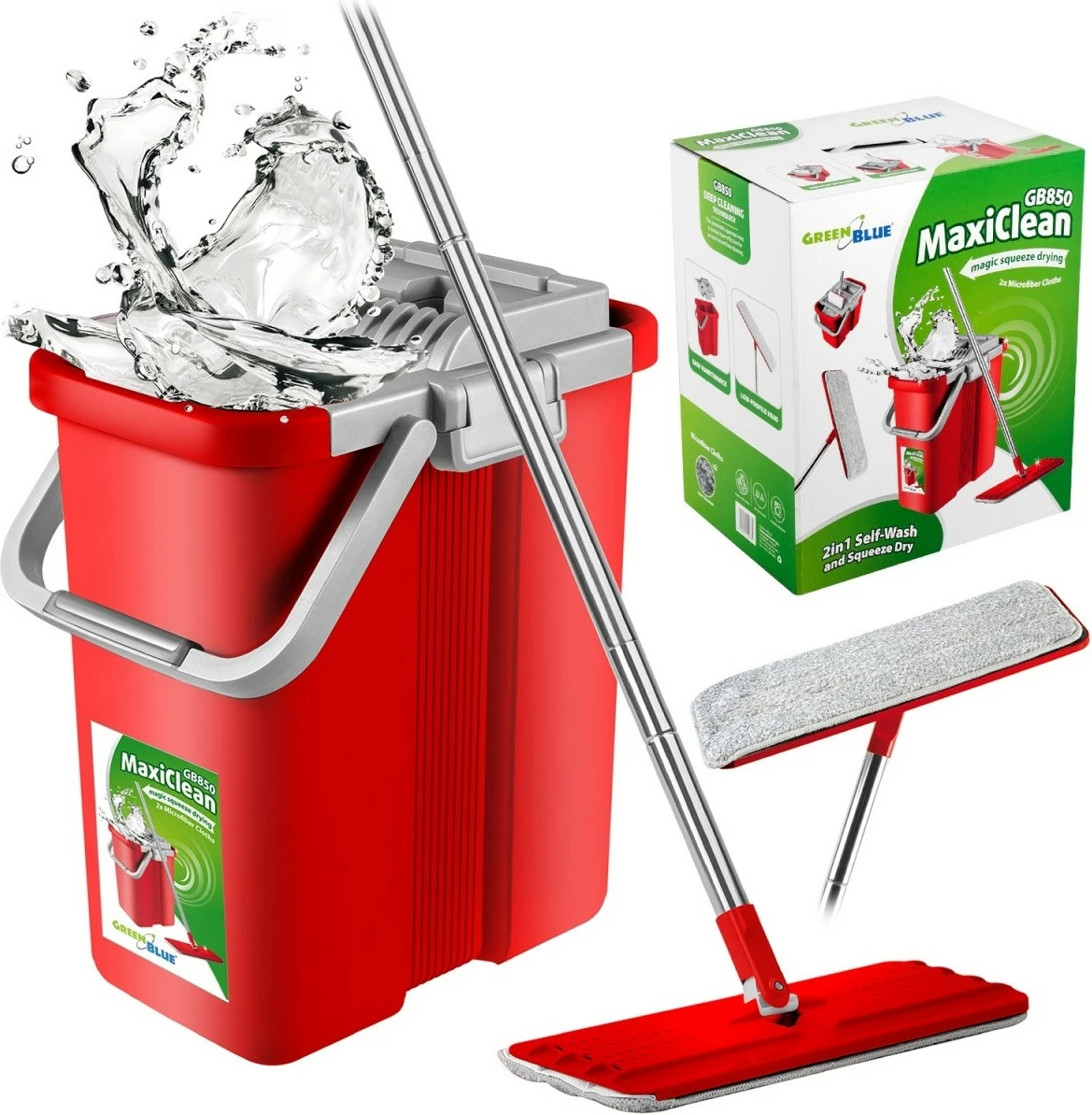 Mop raven GreenBlue MaxiClean GB850 z vedrom in ožemalnikom, rdeč