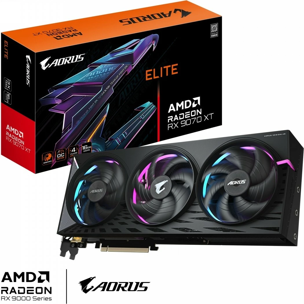 Grafična kartica Radeon RX 9070 XT AORUS ELITE Gigabyte, 16 GB GDDR6, 256-bit, 3 ventilatorji, črna Grafična kartica Radeon RX 9070 XT AORUS ELITE Gigabyte, 16 GB GDDR6, 256-bit, 3 ventilatorji, črna