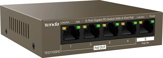 Preklopnik Tenda TEG1105PD, 5 Gigabit portov, PoE, kovinski, bronast