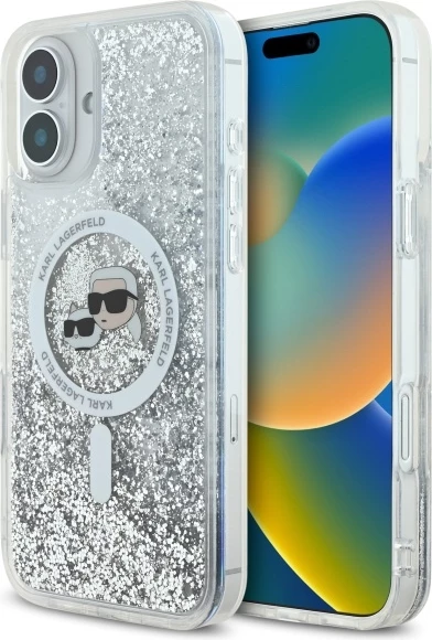 Prozoren ovitek z tekočim bleščicami Karl Lagerfeld Liquid Glitter Karl & Choupette Head MagSafe za iPhone 16 Plus