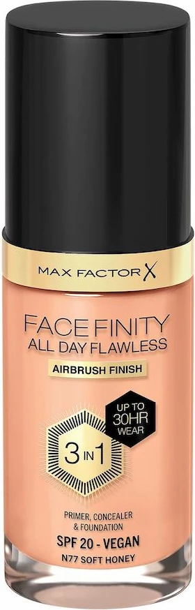 Tekmovalna 3-v-1 tekoča podlaga Max Factor Facefinity All Day Flawless N77 Soft Honey, 30 ml