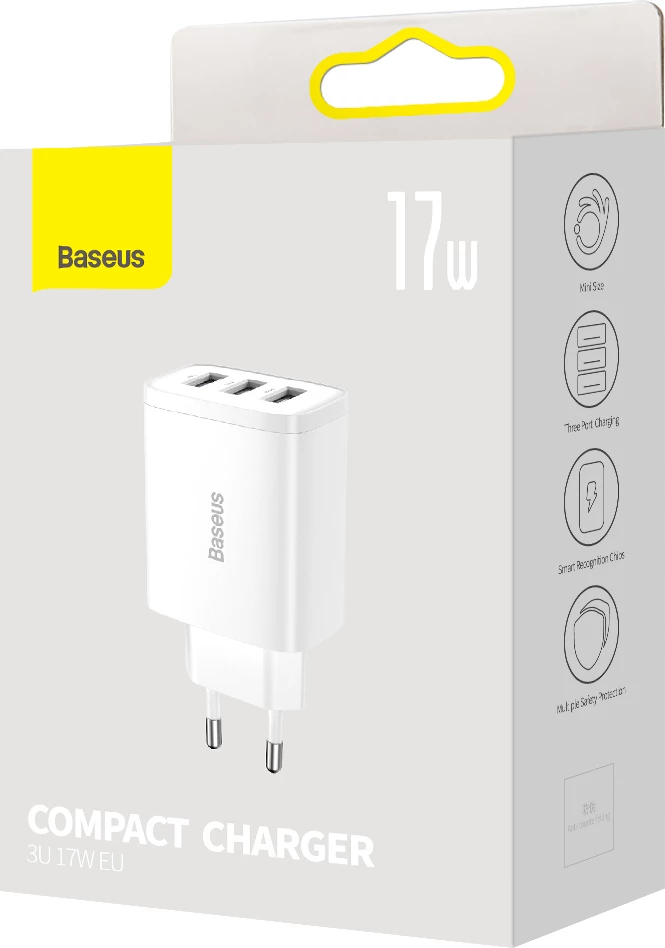 Stenski polnilec Baseus CCXJ020102, 3x USB, 17W, bel
