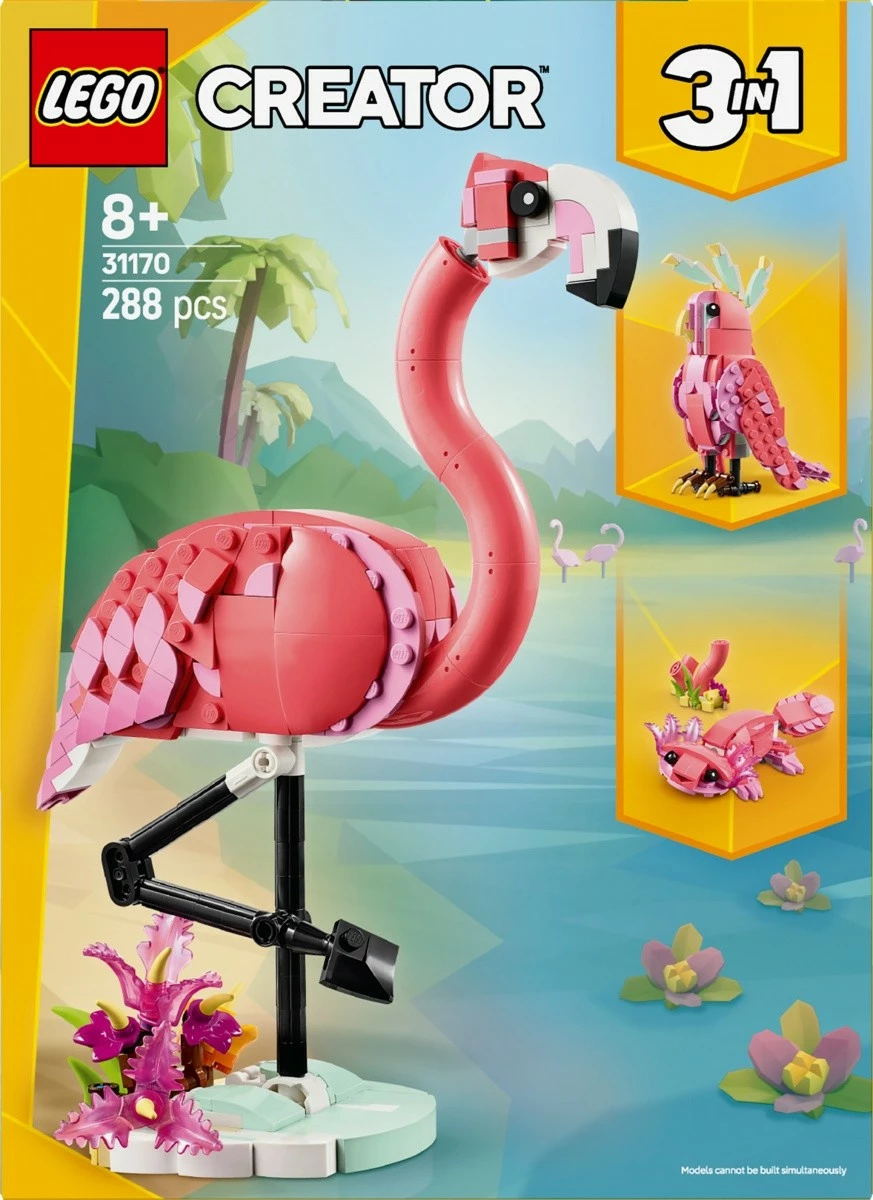 Set za sestavljanje 3 v 1 Divje živali, LEGO Creator 31170: rožnati flamingo, 288 kosov, rožnat