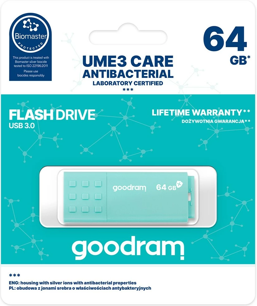 Antibakterijski pendrive GOODRAM UME3 Care 64GB, USB 3.0, mint