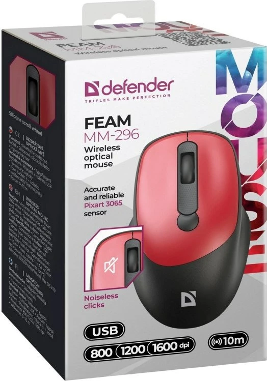 Silen USB brezžični miška, rdeča Defender FEAM MM-296 RF