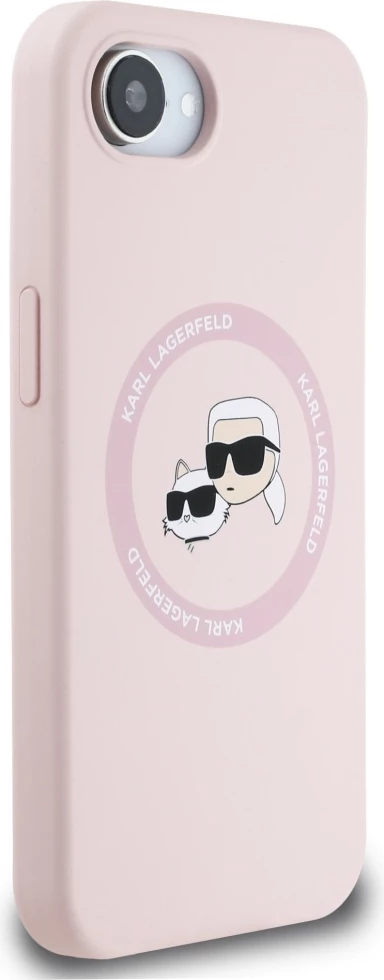 Ovitek za telefon iz silikona z motivom Karl & Choupette, MagSafe, roza — Karl Lagerfeld za iPhone 16e