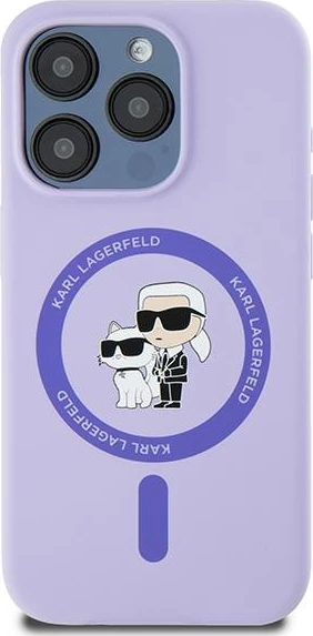 Silikonski ovitek Karl Lagerfeld Karl&Choupette Heads Ring MagSafe za iPhone 15 Pro, vijoličen