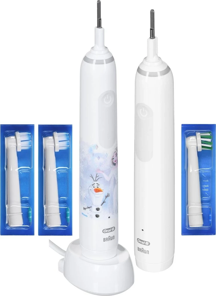 Električne zobne ščetke za odrasle in otroke Braun Oral-B Pro 3 3000 White + Oral-B Junior Frozen 6+, 2 kosa, bela
