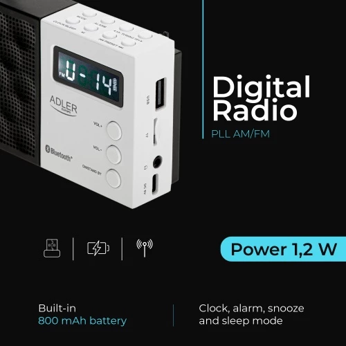 Digitalni radio PLL AM/FM, Adler AD 1908, Bluetooth 5.0, USB/SD, 20 postaj, zaslon LCD, 1,2 W, baterija 800 mAh, bela in črna