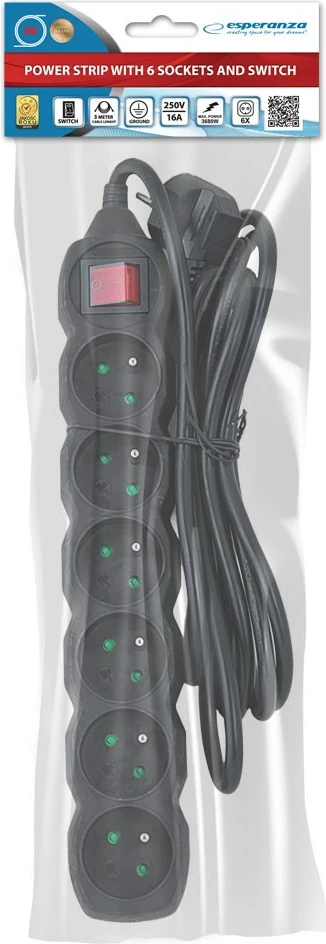 Razdelilnik električne energije Esperanza ELK218K, 6 vtičev, 3 m, črn