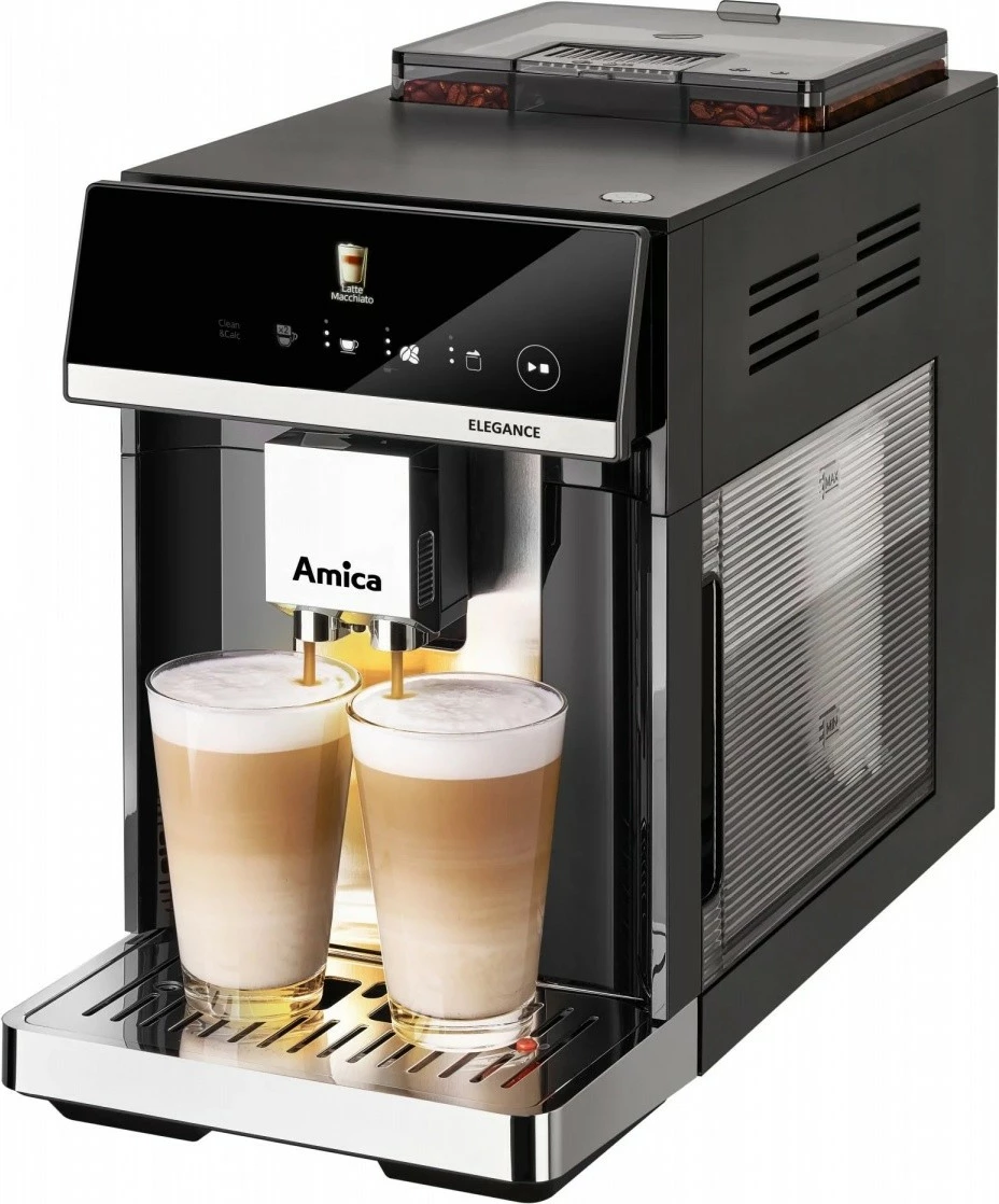 Aparat za espresso, 15 bar, 1725 W, jekleni mlinček 5 stopenj, rezervoar za vodo 1,8 L, zbiralnik za kavo 250 g, mlečni sistem, črn, Amica Elegance CM 7011