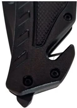 Večfunkcijski reševalni nož AZYMUT H-K2010878 s strgalom za pas, lomilcem stekla in ovitkom, črn