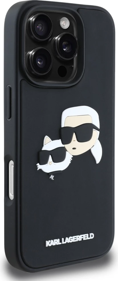 Ovitek z 3D motivom Karl Lagerfeld z dvojno glavo za iPhone 16 Pro Max, črn