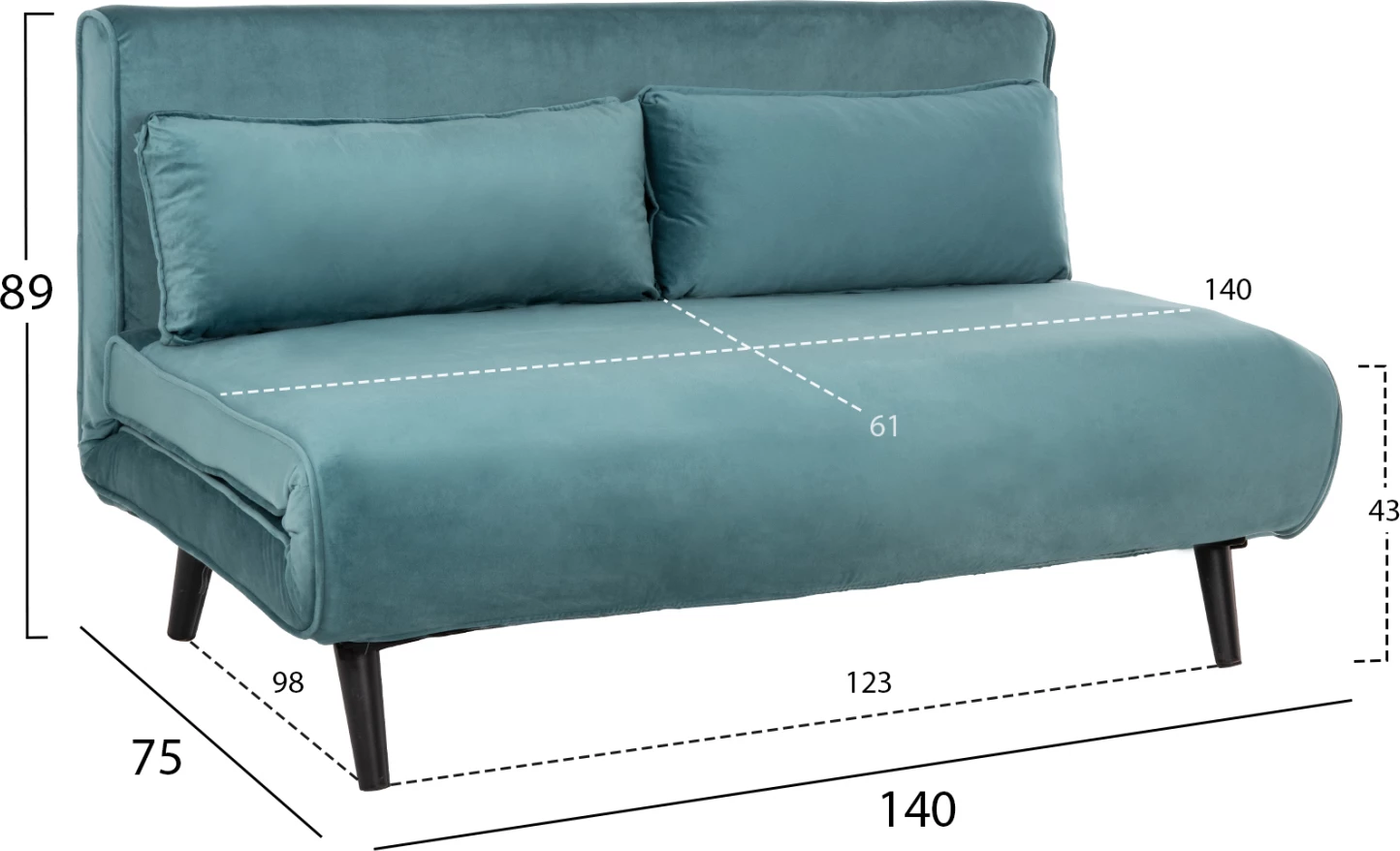 Raztegljiv kavč za 2 osebi ASMA FH3077.15 žamet v mint barvi 140x80x77H cm