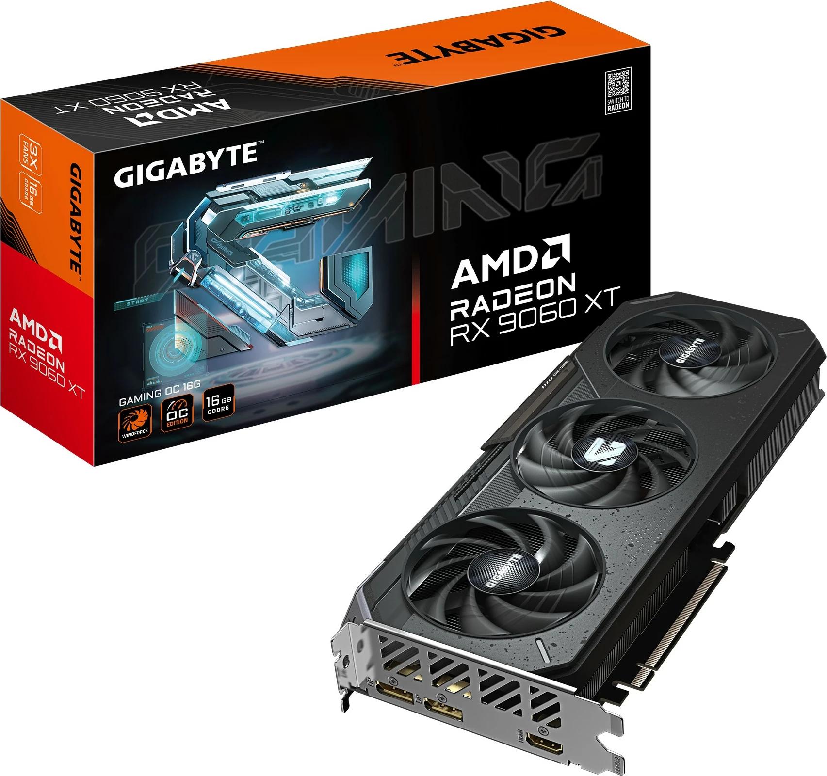 Grafična kartica Gigabyte RX 9060 XT Gaming OC, 16 GB GDDR6, 3 ventilatorji, črna