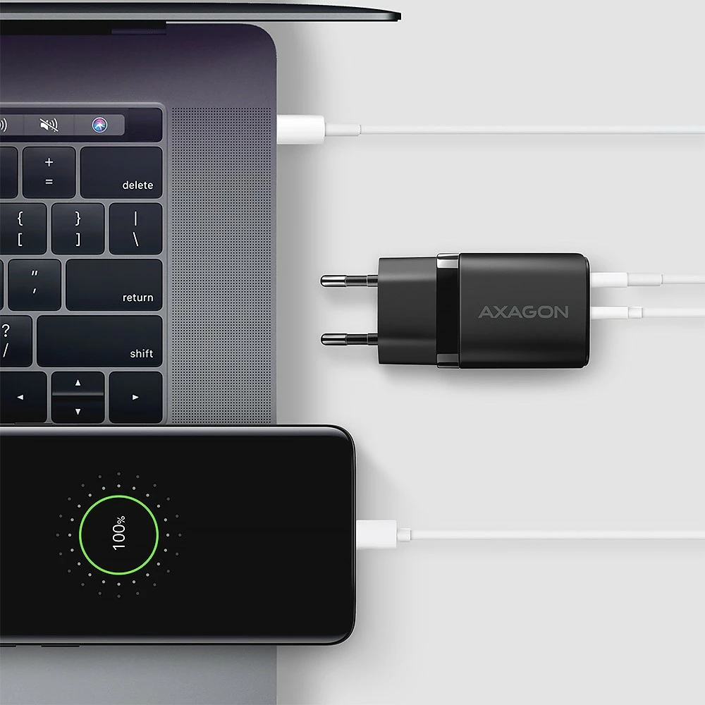 Stenski polnilec, 20 W, 2 vhoda (USB-C PD + USB-A QC), črn, AXAGON ACU-PQ20