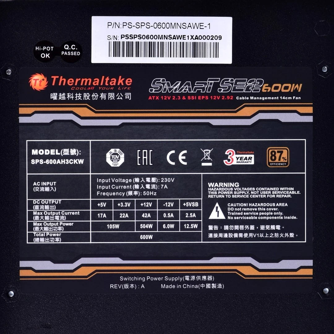 Napajalnik Thermaltake Smart SE2 600W, ATX, črn