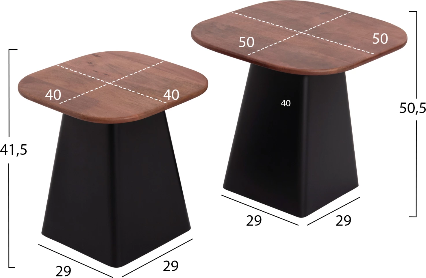 Klubske mizice 2 kosa VAIOLA FH9998 z mangovim lesom in črnimi kovinskimi podstavki 40x40 & 50x50 cm