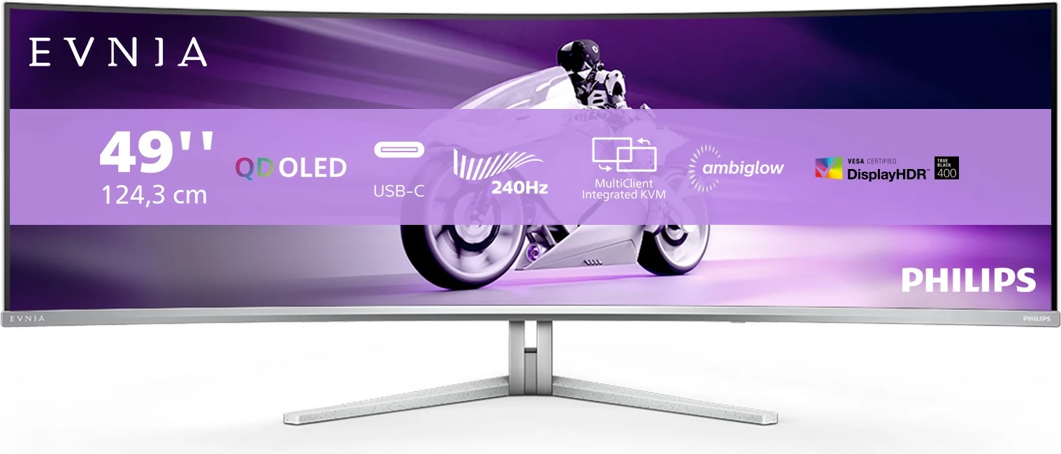 Ultraširok QD-OLED zaslon 49 inč, 5120x1440, 32:9, Ambilight, USB-C - Philips 49M2C8900, bel Ultraširok QD-OLED zaslon 49 inč, 5120x1440, 32:9, Ambilight, USB-C - Philips 49M2C8900, bel