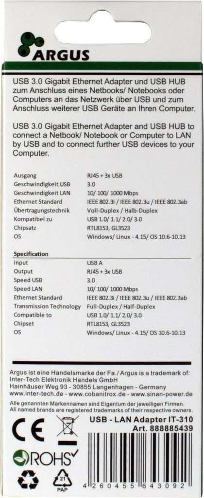 Adapter in USB hub Inter-Tech ARGUS IT-310, 3x USB 3.2, RJ-45, alumin, črn