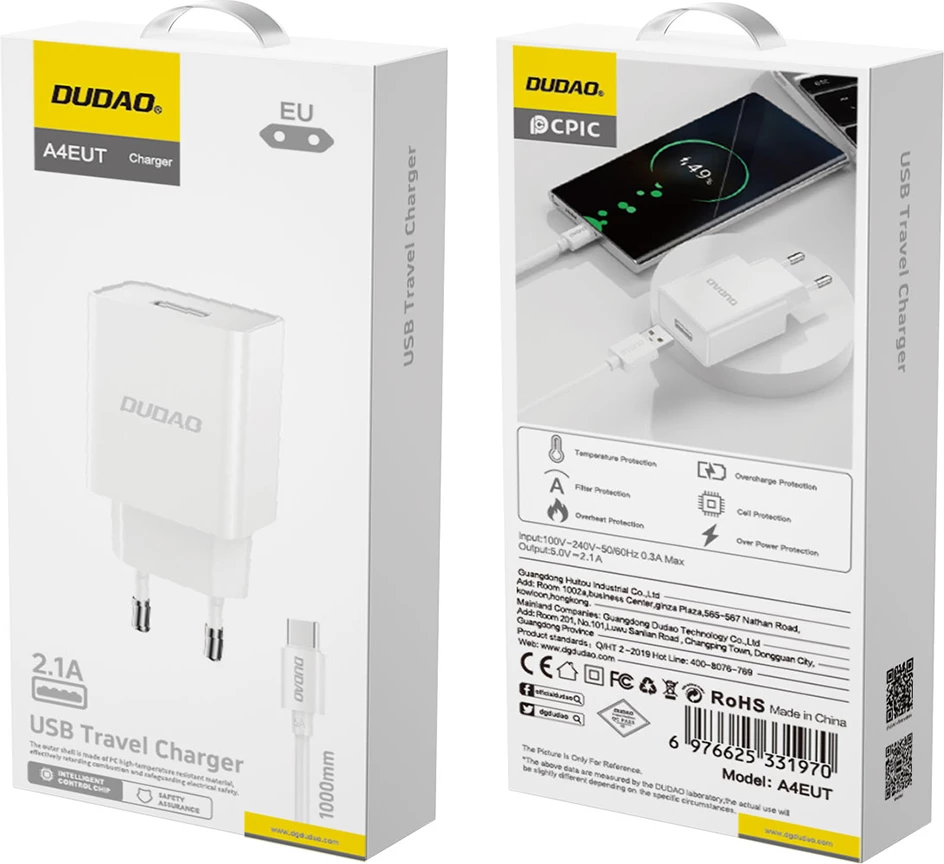 Stenski polnilec z USB-A in kablom USB-A na USB-C Dudao A4EU, 2.1A, bel