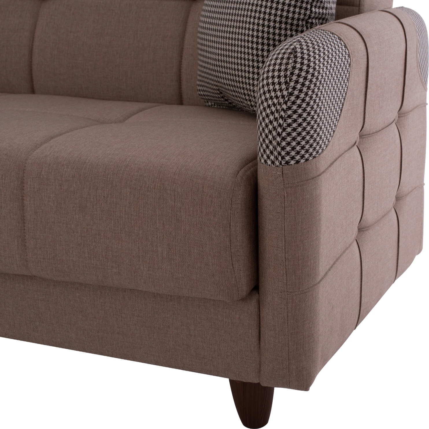 Trosed kavč-postelja, bež, z nasloni za roke in prostorom za shranjevanje