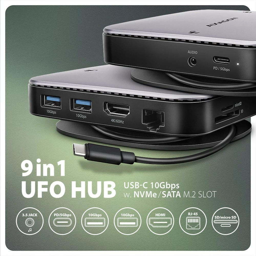 Multiportni USB-C hub, AXAGON HMC-UFO, 9-v-1, 10Gbps, 2x USB-A, HDMI 4K/60Hz, M.2 NVMe/SATA, avdio, PD 100W, SD/microSD, Gigabit Ethernet (RJ-45), 65 cm USB-C kabel, črn/srebrn Multiportni USB-C hub, AXAGON HMC-UFO, 9-v-1, 10Gbps, 2x USB-A, HDMI 4K/60Hz, M.2 NVMe/SATA, avdio, PD 100W, SD/microSD, Gigabit Ethernet (RJ-45), 65 cm USB-C kabel, črn/srebrn