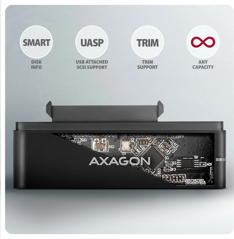 Adapter USB-C na SATA, 10Gbps, za SSD/HDD 2,5"/3,5", z napajanjem, 60 cm kabel, črno AXAGON ADSA-FPX Adapter USB-C na SATA, 10Gbps, za SSD/HDD 2,5"/3,5", z napajanjem, 60 cm kabel, črno AXAGON ADSA-FPX